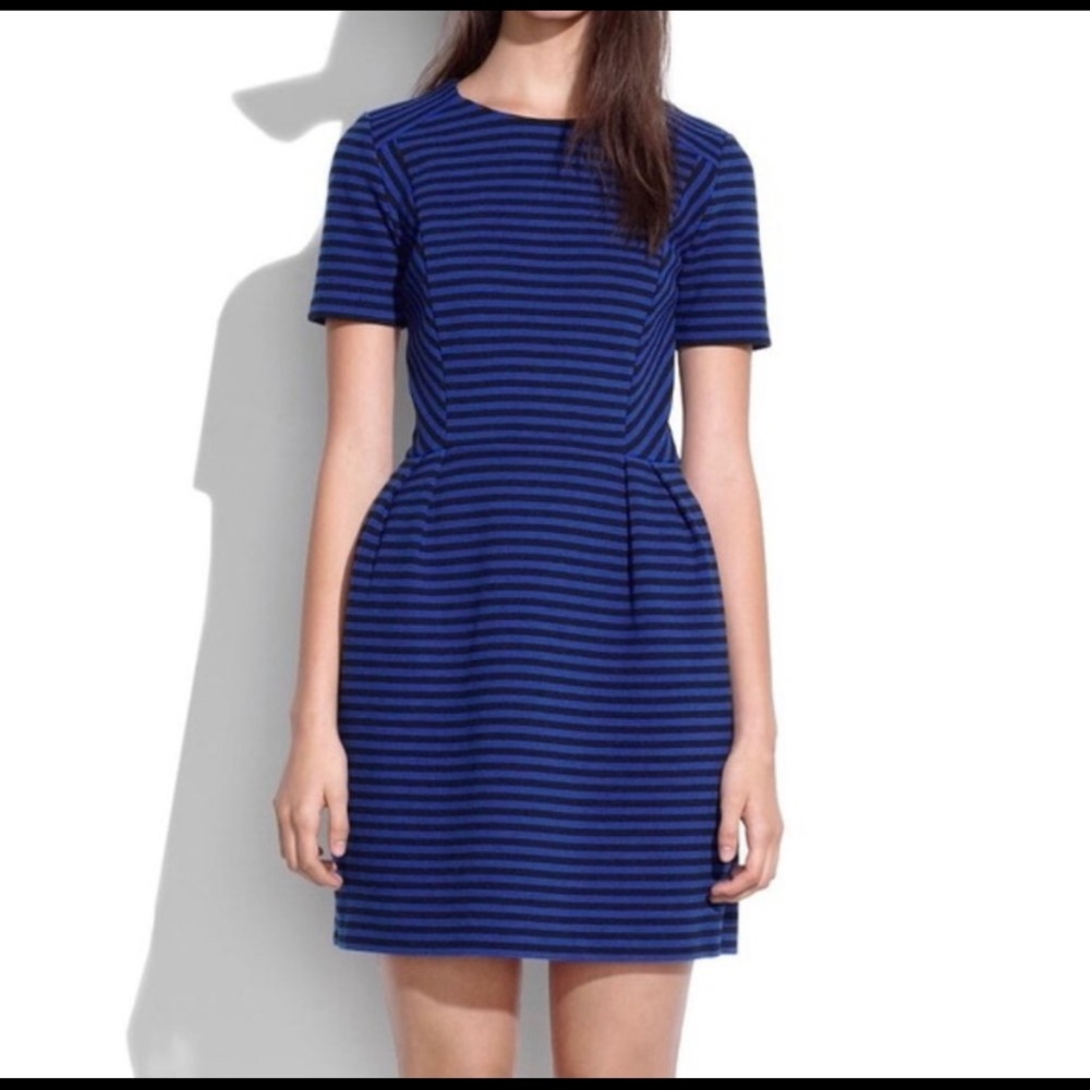 Madewell “Gallerist” navy and black striped ponte dress